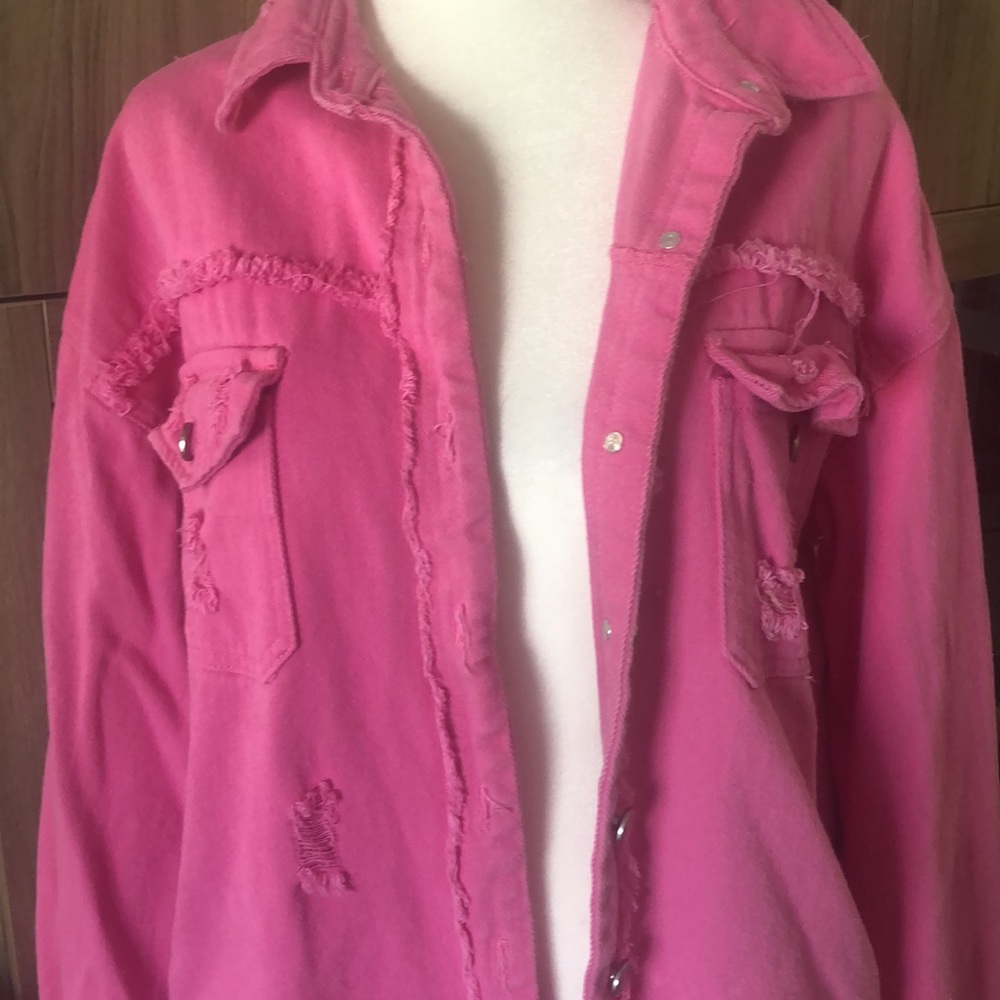 Women’s Oversize Frayed Lightweight Denim Jacket Size XL.  Bubble gum pink. - Picture 17 of 17
